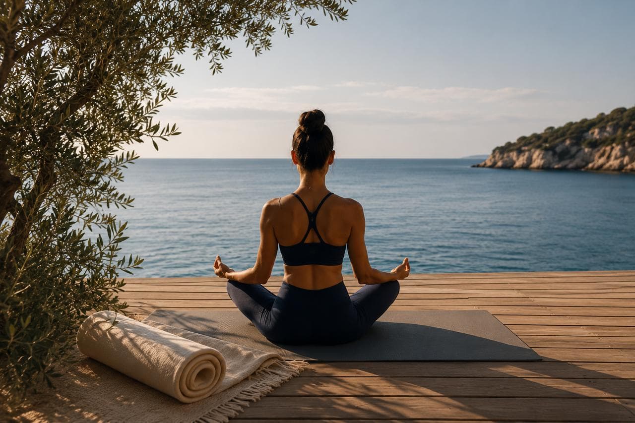 Entspannte Yoga-Atmosphäre mit mediterranem Meerblick und warmem Licht auf Mallorca